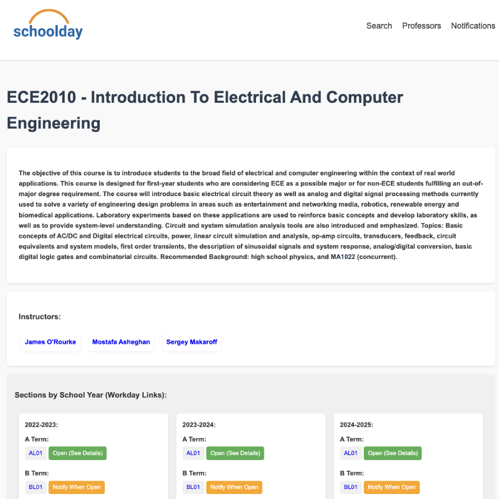 Screenshot of my Schoolday website built for course selection